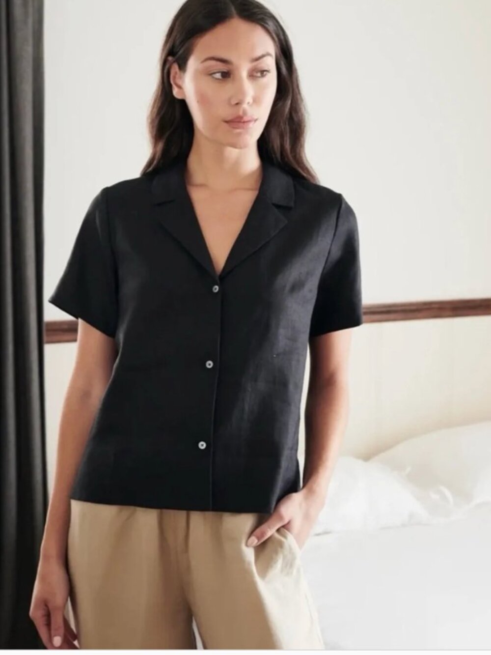 Quince 100% European Linen Short Sleeve Shirt Black Small
